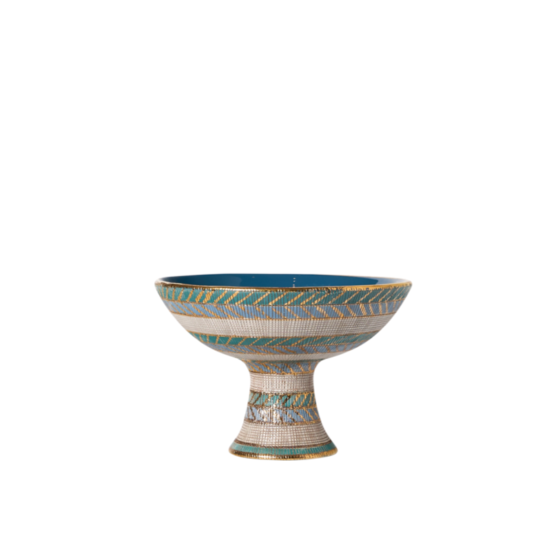 Aldo Londi Bitossi Blue, Green, Teal and Gold Seta Pedestal Compote