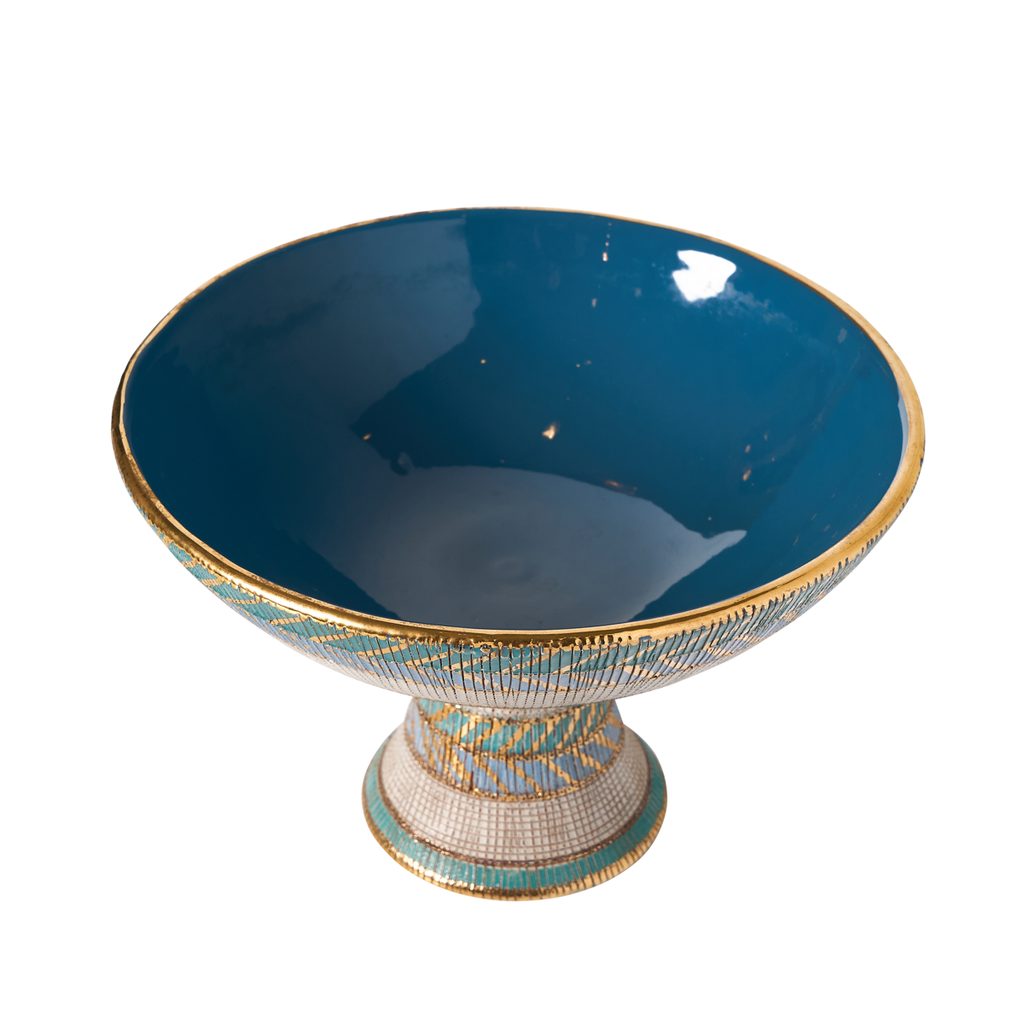 Aldo Londi Bitossi Blue, Green, Teal and Gold Seta Pedestal Compote