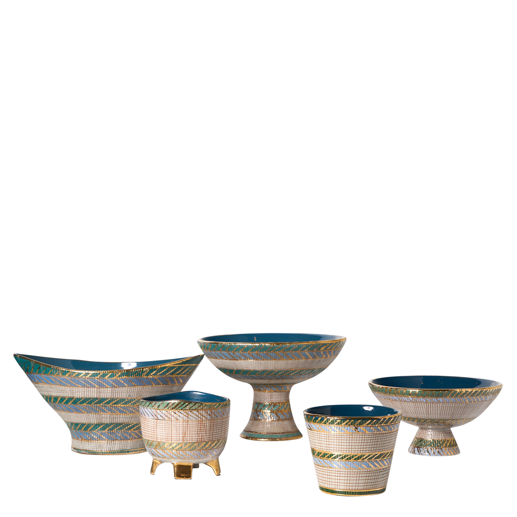 Aldo Londi Bitossi Blue, Green, Teal and Gold Seta Pedestal Compote