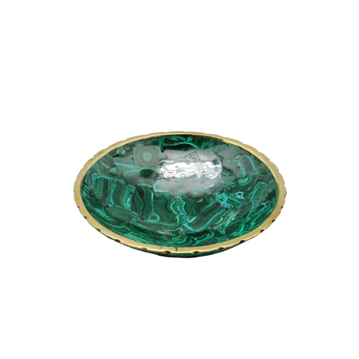 Round Malachite Bowl with Brass Trim