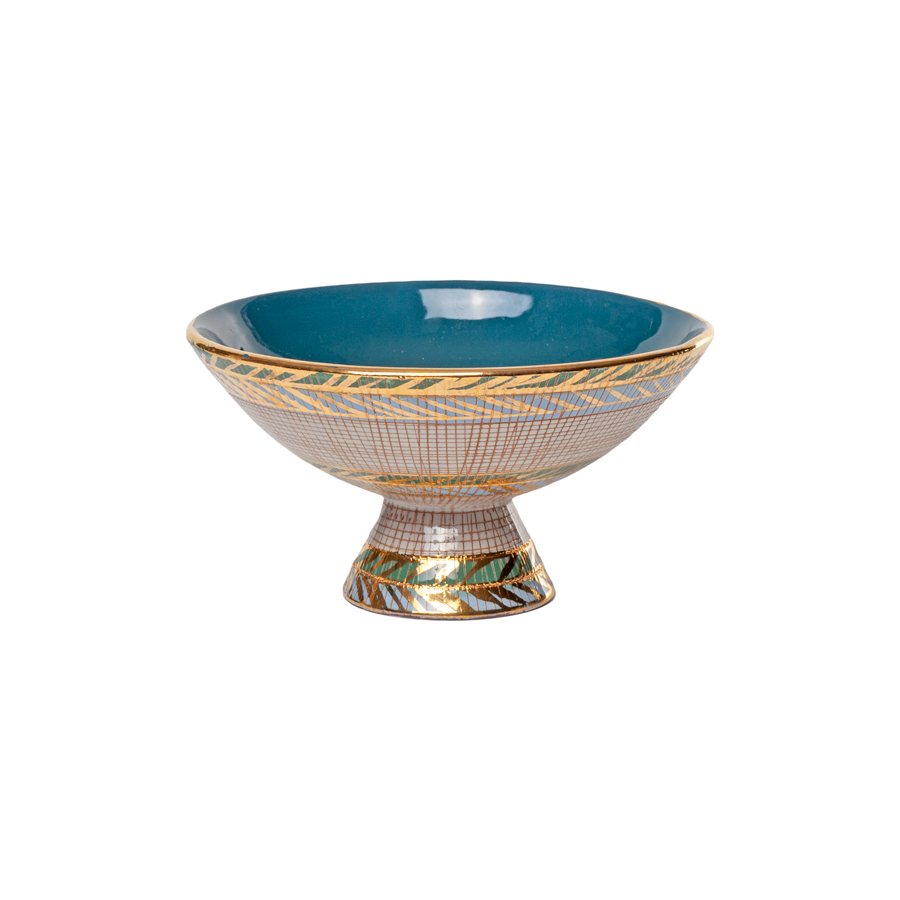 Aldo Londi Bitossi Blue, Green, Teal and Gold Seta Pedestal Compote